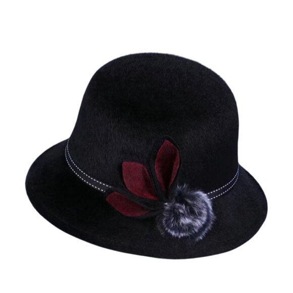Womens Bowler Black Felt Hat Whitework Embroidery Dome Floral Pom Winter Casual - Picture 1 of 9
